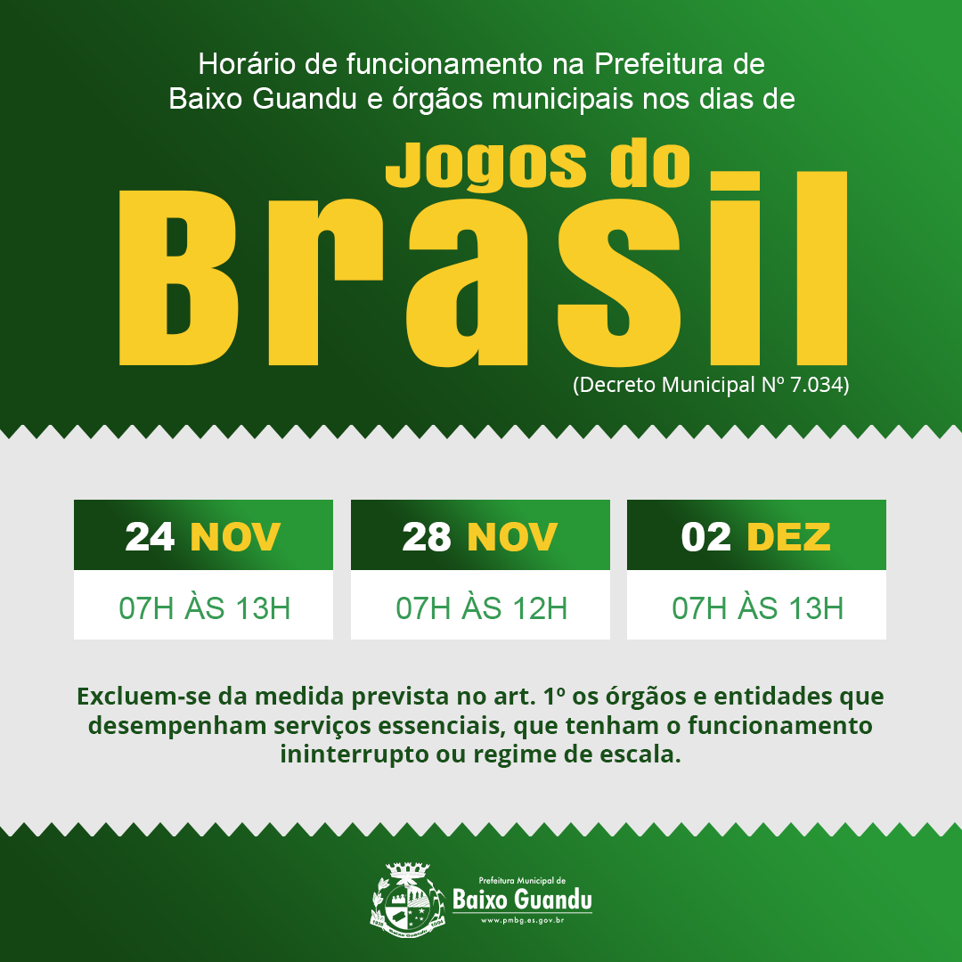 Prefeitura de Timbó atenderá em horários especiais durante jogos do Brasil  na fase de grupos da Copa do Mundo 2022 - Prefeitura de Timbó